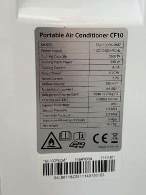 Label showing model and specs (Garvee CF10 TAC-10CPB/DM7 / 2026 / 06)